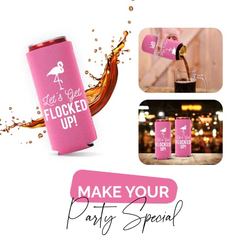  Let's Get Flocked UP!, Set Of 12 Slim Pink And White Can Coolers Cups, Flamingo Can Coolers Perfect Flamingo Party Supplies, Bachelorette Party, And Bridal Showers