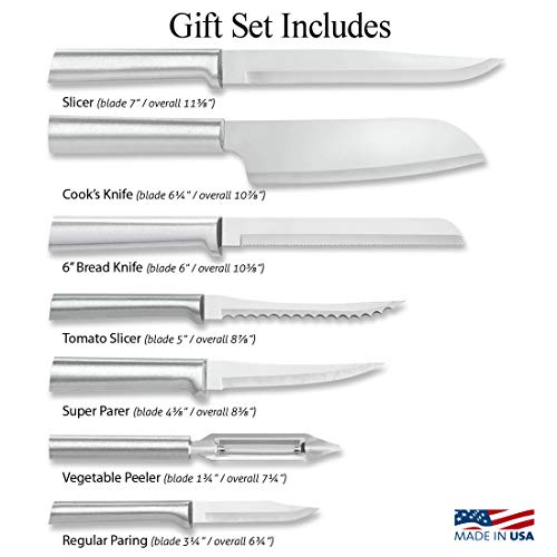  Ada Cutlery Knife 7 Stainless Steel Kitchen Knives Starter Gift Set With Brushed Aluminum Made In USA, Silver Handle