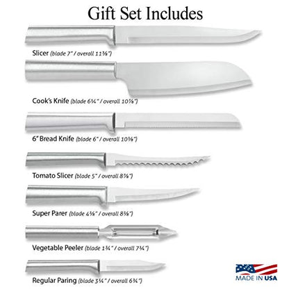  Ada Cutlery Knife 7 Stainless Steel Kitchen Knives Starter Gift Set With Brushed Aluminum Made In USA, Silver Handle