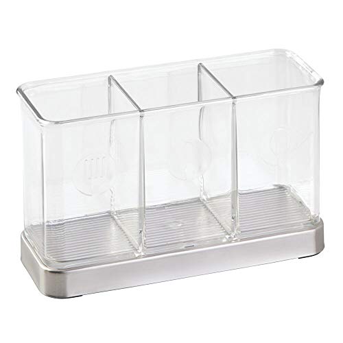  Plastic Cutlery Storage Organizer Caddy Bin For Kitchen Table, Cabinet Or Pantry - Holds Forks, Knives, Spoons, Serving Utensils - Indoor Or Outdoor Use, 3 Sections - Clear/Chrome