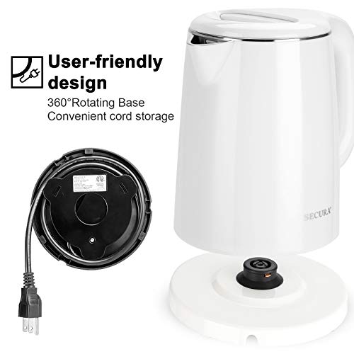  Stainless Steel Double Wall Electric Kettle Water Heater For Tea Coffee W/Auto Shut-Off And Boil-Dry Protection, 1.0L (White)