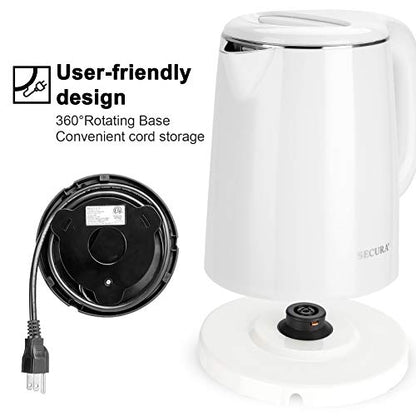  Stainless Steel Double Wall Electric Kettle Water Heater For Tea Coffee W/Auto Shut-Off And Boil-Dry Protection, 1.0L (White)