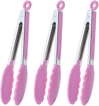  9-Inch Stainless Steel Cooking Tongs With Silicone Tips, Set Of 3 (Black)