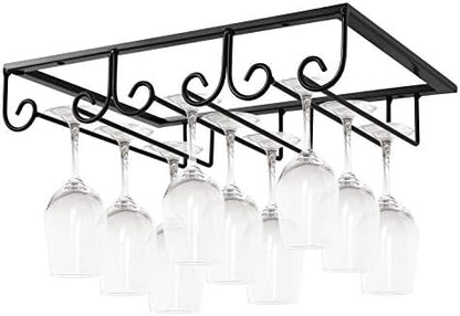 MOCOUM Under Cabinet Wine Glass Rack Stemware Rack, Wine Glasses Hanger Rack Wire Wine Glass Holder Storage Hanger For Cabinet Kitchen Bar (Black, 4 Rows 2 Pack)