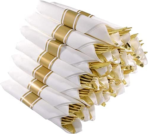  Pre Rolled Napkin And Cutlery Set - 120 Pack Gold Disposable Silverware Include 120 Forks, 120 Knives, 120 Spoons, 120 Napkins For Parties, Weddings And Catering EventsGold 120Pcs)