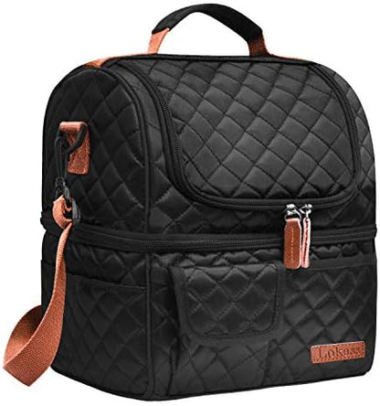  Lunch Bag Women Double Deck Insulated Lunch Box Large Cooler Tote Bag With Removable Shoulder Strap Wide Open Thermal Meal Prep Lunch Organizer Box For Adults Work/Outdoor, Black Peony
