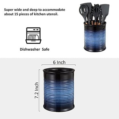  Nihow Kitchen Utensil Holder: 7.2 Inch Extra Large Ceramic Utensil Holder For Countertop - Stable Utensil Crock For Kitchen Counter Decor - Elegant Blue & Black (1PC)