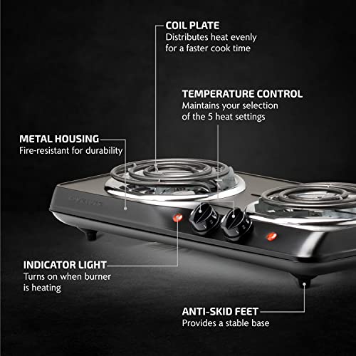  Vente Electric Double Coil Burner 6 & 5.75 Inch Hot Plate Cooktop With Temperature Control And Easy To Clean Stainless Steel Base, 1700W Portable Countertop Stove For Home Or Dorm, Black BGC102B