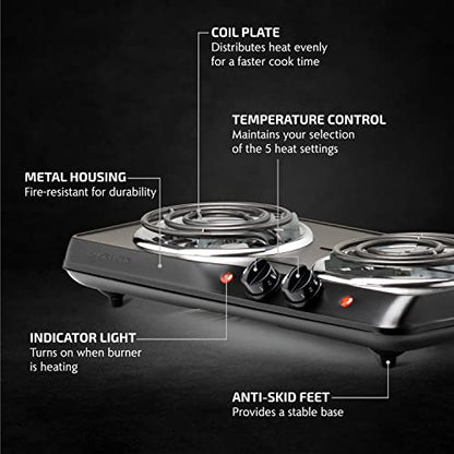  Vente Electric Double Coil Burner 6 & 5.75 Inch Hot Plate Cooktop With Temperature Control And Easy To Clean Stainless Steel Base, 1700W Portable Countertop Stove For Home Or Dorm, Black BGC102B