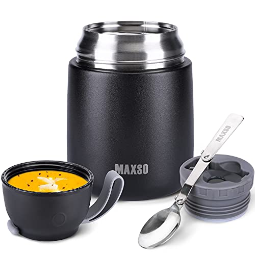  Soup Thermos For Hot Food, 17 Oz Stainless Steel Vacuum Insulated Lunch Container Bento Box With Spoon For Adults, Leakproof Thermal Food Jar For Office Picnic Travel - Black