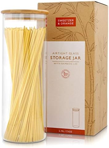  Glass Container With Lid, Bamboo Top (2.2 L) - Dry Food Storage Pasta Container Kitchen Canister For Bow Tie Pasta, Spaghetti, Macaroni, Rotini, Egg Noodles, Cookies, Candy, Flour