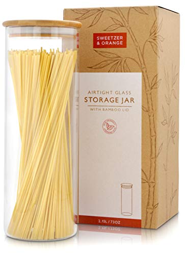 Glass Container With Lid, Bamboo Top (2.2 L) - Dry Food Storage Pasta Container Kitchen Canister For Bow Tie Pasta, Spaghetti, Macaroni, Rotini, Egg Noodles, Cookies, Candy, Flour