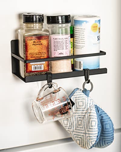  Magnetic Spice Rack-2 PK-Strong Metal Magnetic Spice Rack For Refrigerator-Versatile Magnetic Shelf For Refrigerator-Easy To Install Magnetic Rack Or Magnetic Book Shelf-4 Plastic Removable Hooks