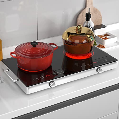  Electric Cooktop,120V 2400W Electric Stove Top With Knob Control,9 Power Levels, Kids Lock & Timer, Hot Surface Indicator, Overheat Protection,12 Inch Built-in Radiant Double Induction Cooktop