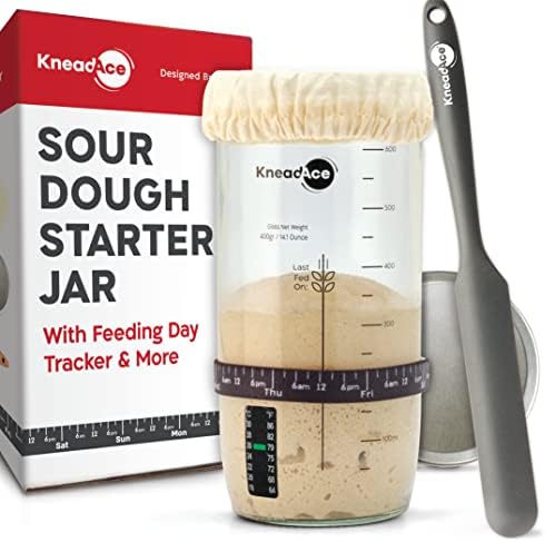  NeadAce Sourdough Starter Jar With Date Marked Feeding Band, Thermometer, Sourdough Jar Scraper, Sewn Cloth Cover & Metal Lid, Mothers Day Gift, Sourdough Starter Kit (1 Pack)