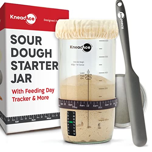  NeadAce Sourdough Starter Jar With Date Marked Feeding Band, Thermometer, Sourdough Jar Scraper, Sewn Cloth Cover & Metal Lid, Mothers Day Gift, Sourdough Starter Kit (1 Pack)
