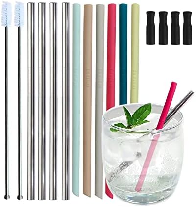  Reusable Short Small Silicone 5.5" &Metal 6" Stainless Steel Stirrer Drinking Straws Set For Coffee/Moscow Mule Mug, Cocktail Lowball Glasses, Kids Toddler Baby Cup, Wine Tumbler,Bar-With Silicone Tip