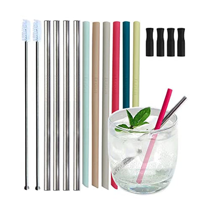  Reusable Short Small Silicone 5.5" &Metal 6" Stainless Steel Stirrer Drinking Straws Set For Coffee/Moscow Mule Mug, Cocktail Lowball Glasses, Kids Toddler Baby Cup, Wine Tumbler,Bar-With Silicone Tip