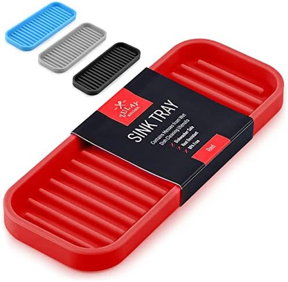  (9x3.5) Silicone Sponge Holder For Kitchen Sink - Flexible Multipurpose Kitchen Soap Tray Sponge Holder - Sink Organizer Tray For Kitchen, Bathroom, Makeup, Trinkets & More (Gray)