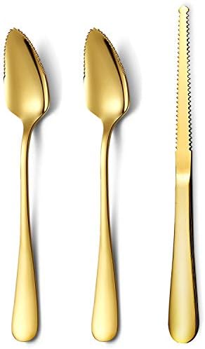  Gold Grapefruit Spoons 5 Pieces Set, 4 Stainless Steel Grapefruit Spoon And 1 Grapefruit Knife With Titanium Plating, Grapefruit Utensil Set, Serrated Edges Spoon Pack Of 5 (Gold)