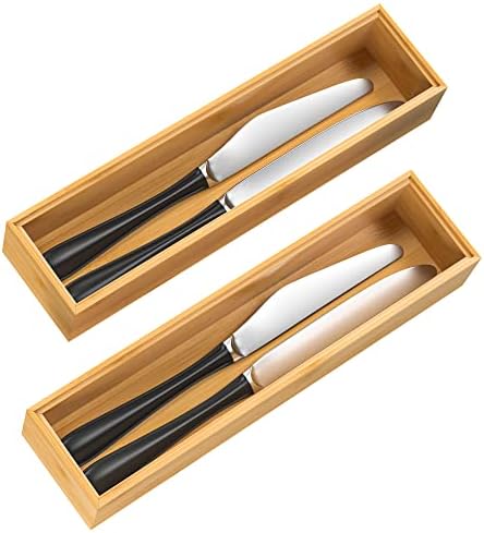  Bamboo Drawer Organizer, Stackable Utensil Organizer For Kitchen, Bamboo Storage Box Wood Silverware Tray For Drawer 15" X 6" X 2" Set Of 2