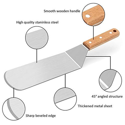  Metal Spatula Set, HaSteeL Stainless Steel Griddle Spatula Tools Kit With Wooden Handle, Heavy Duty Long Pancake Flipper Burger Turner For BBQ Teppanyaki Flat Top Grilling Cooking Outdoor & Indoor