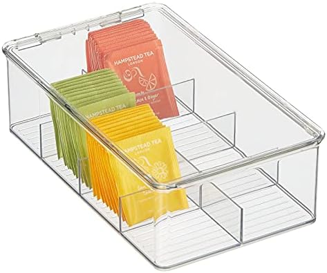  MDesign Plastic Stackable Tea Bag Organizer Storage Bin With Lid For Kitchen Cabinets, Countertops, Pantry - Container Holds Beverage Bags, Cups, Pods, Packets, Condiment Accessories - Clear