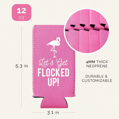  Let's Get Flocked UP!, Set Of 12 Slim Pink And White Can Coolers Cups, Flamingo Can Coolers Perfect Flamingo Party Supplies, Bachelorette Party, And Bridal Showers