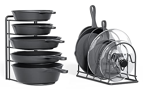  REEQMONT Heavy Duty Pot Rack Organizer, 5 Tier Pan Rack Storage Holder, Holds 50 LB - Holds Cast Iron Skillets, Frying Pans, Griddles - No Assembly Required, 13'' Height (2 Pack)