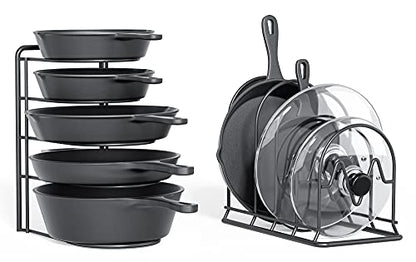  REEQMONT Heavy Duty Pot Rack Organizer, 5 Tier Pan Rack Storage Holder, Holds 50 LB - Holds Cast Iron Skillets, Frying Pans, Griddles - No Assembly Required, 13'' Height (2 Pack)