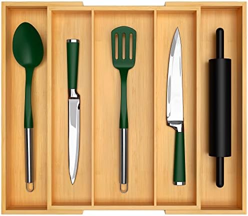  Uxury Bamboo Kitchen Drawer Organizer - Expandable Utensil Organizer For Drawer - Utensil And Silverware Holder And Cutlery Tray (Natural, 19.6"x17")