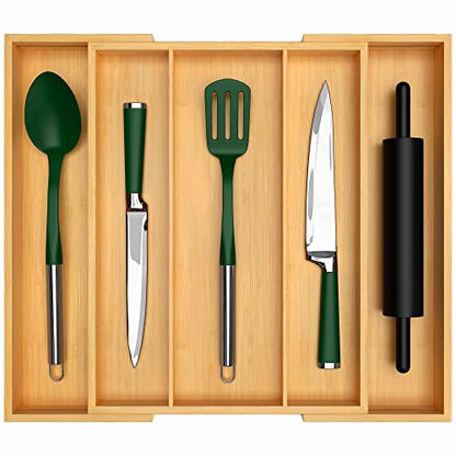  Uxury Bamboo Kitchen Drawer Organizer - Expandable Utensil Organizer For Drawer - Utensil And Silverware Holder And Cutlery Tray (Natural, 19.6"x17")