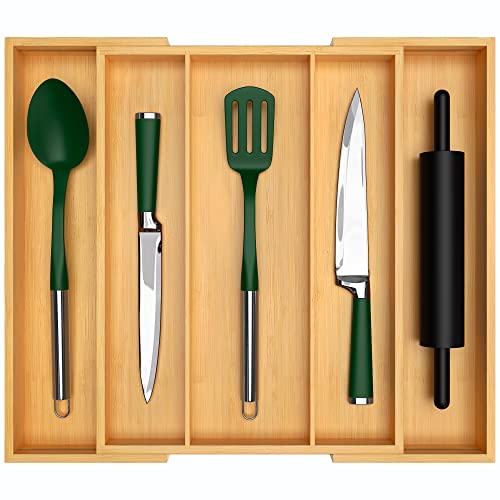  Uxury Bamboo Kitchen Drawer Organizer - Expandable Utensil Organizer For Drawer - Utensil And Silverware Holder And Cutlery Tray (Natural, 19.6"x17")