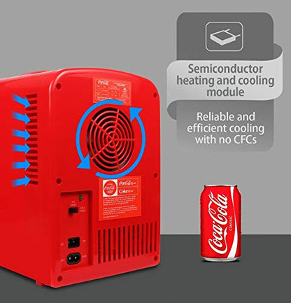  Coca-Cola Classic Coke Bottle 4L Mini Fridge W/ 12V DC And 110V AC Cords, 6 Can Portable Cooler, Personal Travel Refrigerator For Snacks Lunch Drinks Cosmetics, Desk Home Office Dorm, Red