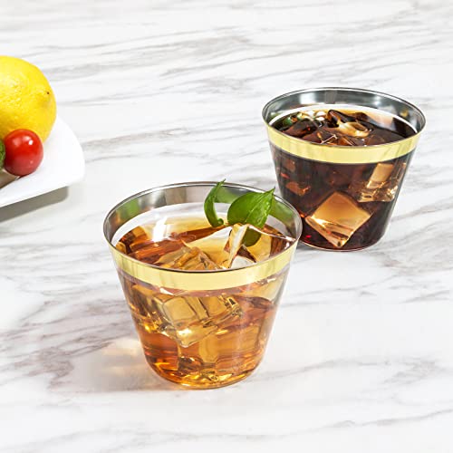  Plastic Cups Party Cups 100 Pack 9 Oz Gold Plastic Cups Disposable Cups Gold Rimmed Clear Plastic Cups For Wedding Reusable Elegant Plastic Wine Glasses Gold Cups Cocktail Cups