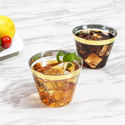  Plastic Cups Party Cups 100 Pack 9 Oz Gold Plastic Cups Disposable Cups Gold Rimmed Clear Plastic Cups For Wedding Reusable Elegant Plastic Wine Glasses Gold Cups Cocktail Cups