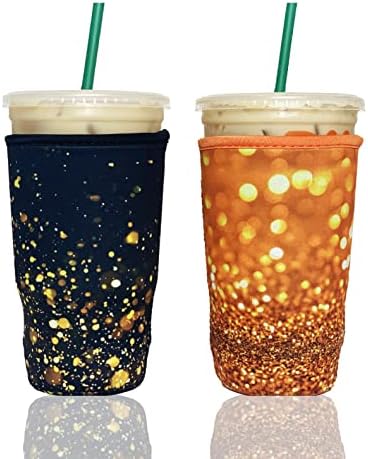  Axendale And Co Reusable Neoprene Insulator Sleeves For Large Sized Iced Coffee And Cold Drink Cups (2 PK Large 32oz, Black Smooth)