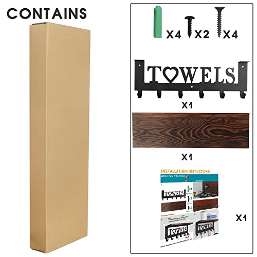 Rustic Towel Rack Towel Holder With Wooden Shelf For Bathroom,Minimalist Design Storage Organizer For Folded Large Towels, Towels, Robes, Clothes- Black