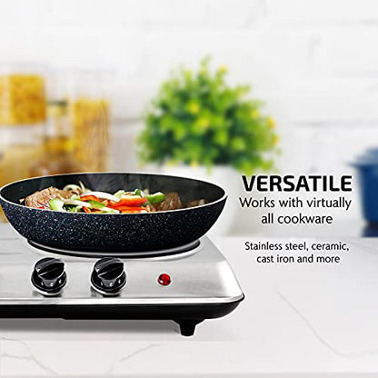  Vente Electric Double Infrared Burner 7.75 & 6.75 Inch Ceramic Glass Hot Plate Cooktop, 1700W Portable Countertop Stove With Temperature Control & Easy To Clean Stainless Steel Base, Silver BGI102S