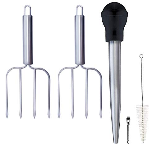  Home Servz Stainless Steel Turkey Baster Syringe And Poultry Lifters Fork Set Of 2,