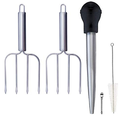  Home Servz Stainless Steel Turkey Baster Syringe And Poultry Lifters Fork Set Of 2,