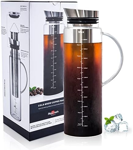  Cold Brew Coffee Iced Tea Maker & Fruit Pitcher - Large Capacity 68 Ounces - With Durable Glass Carafe/Fine Mesh Steel Infuser/Airtight Lid