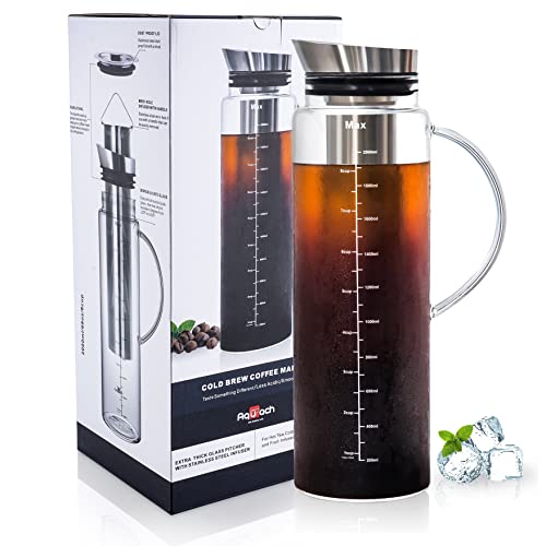  Cold Brew Coffee Iced Tea Maker & Fruit Pitcher - Large Capacity 68 Ounces - With Durable Glass Carafe/Fine Mesh Steel Infuser/Airtight Lid