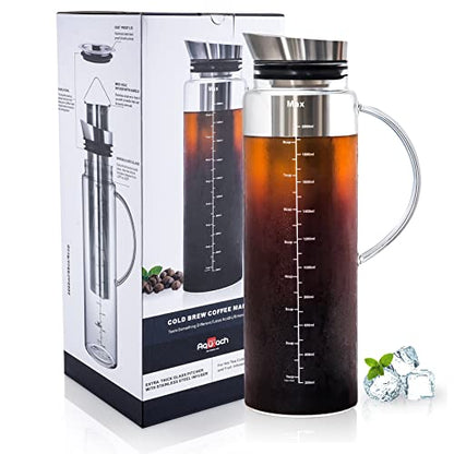  Cold Brew Coffee Iced Tea Maker & Fruit Pitcher - Large Capacity 68 Ounces - With Durable Glass Carafe/Fine Mesh Steel Infuser/Airtight Lid
