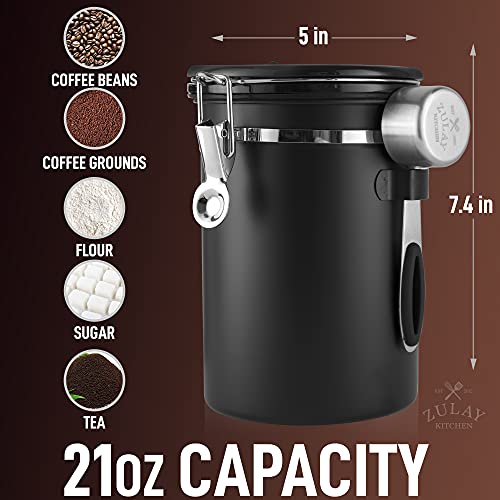  21oz Coffee Canister For Ground Coffee - Stainless Steel Coffee Canisters With Scoop Holder & Date Tracker - Airtight Coffee Container & Coffee Storage For Coffee Jar, Tea, Sugar, Flour (Black)
