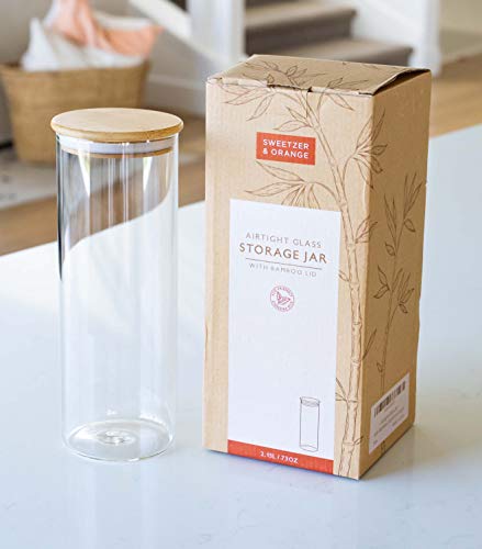  Glass Container With Lid, Bamboo Top (2.2 L) - Dry Food Storage Pasta Container Kitchen Canister For Bow Tie Pasta, Spaghetti, Macaroni, Rotini, Egg Noodles, Cookies, Candy, Flour