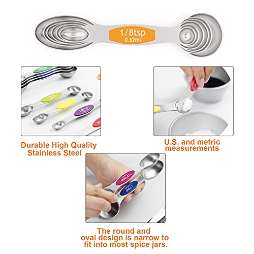  Magnetic Measuring Spoons Set - Stainless Steel Stackable Dual Sided Teaspoon Tablespoon For Measuring Dry And Liquid Ingredients, Measuring Spoons For Cooking & Baking, Fits In Spice Jars, Set Of 8