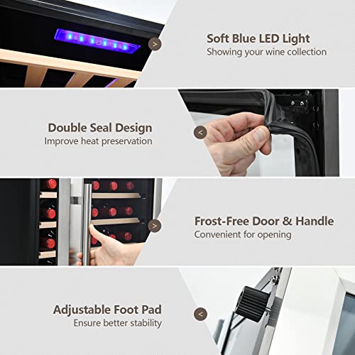  20“ Dual Zone Wine Fridge Refrigerator Cooler, 43 Bottles Freestand Wine & Beverage Center, Wine Cellar W/ 8 Beech Wood Shelves, Glass Door, LED Light, Bar Fridge For Home, Bar