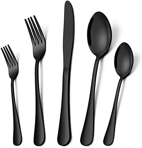  60-Piece Black Silverware Flatware Set For 12, Stainless Steel Eating Utensils Cutlery Includes Knives/Spoons/Forks, Tableware For Home Restaurant Party, Shiny Mirror Polished, Dishwasher Safe