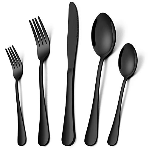  60-Piece Black Silverware Flatware Set For 12, Stainless Steel Eating Utensils Cutlery Includes Knives/Spoons/Forks, Tableware For Home Restaurant Party, Shiny Mirror Polished, Dishwasher Safe